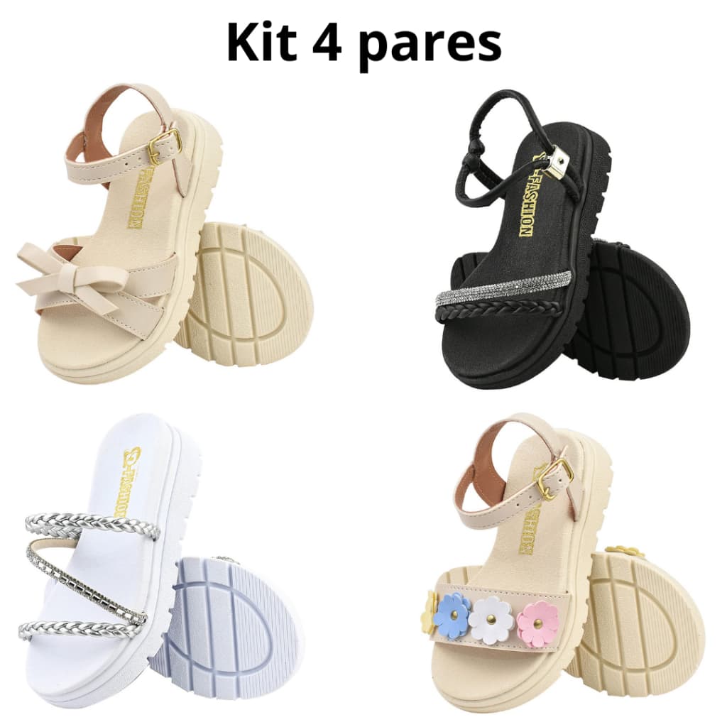 kit 4 pares de sandália feminina infantil trança e strass preta tamanco prata 4 flores e X off