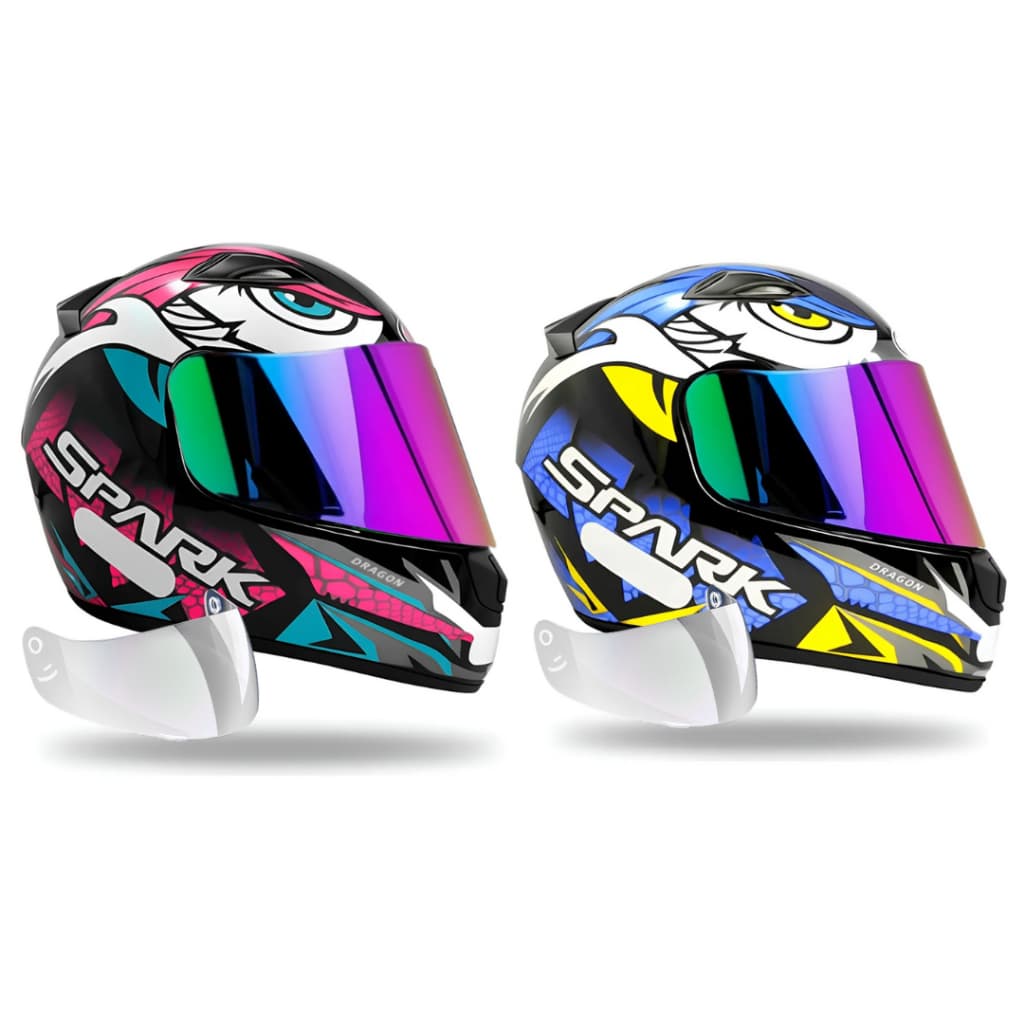 Kit Capacete Moto Ebf Spark Dragon Rosa E Dragon Azul Mais Viseira Camaleão