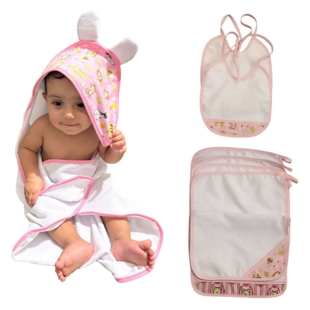 Kit Bebê 7 pçs Maternidade 1 Toalha banho 2 Babadores 4 Toalhas de boca Poliéster Felpudo Atoalhado