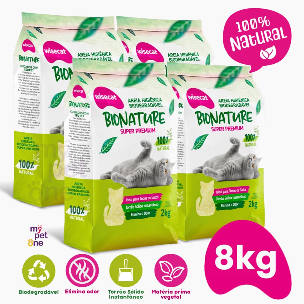 Kit 4 Areia Biodegradável 2 Kg Bionature para Gatos Wisecat