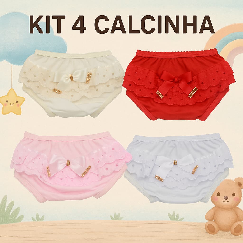 Kit 4 Calcinha Bunda Rica Tapa Fralda Batizado Em Algodão Detalhe de Laço com Strass