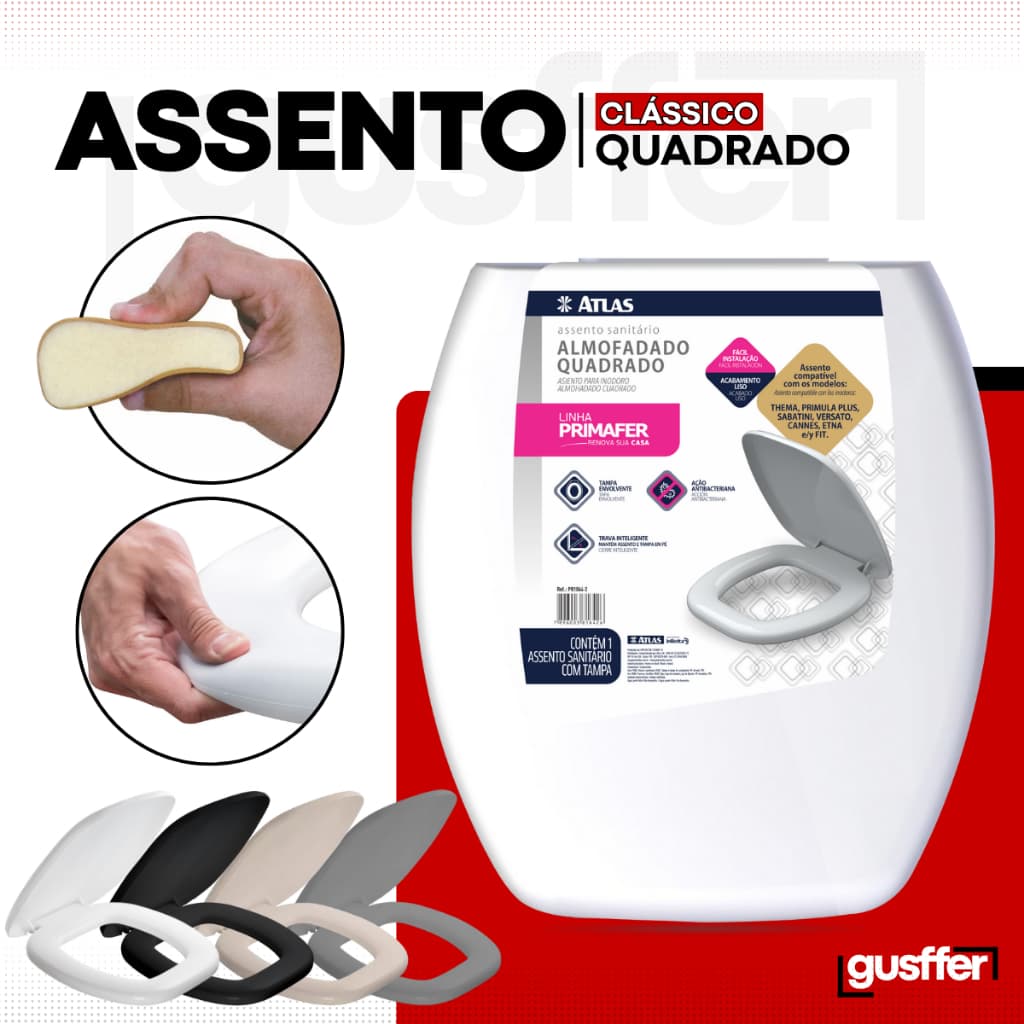 Assento Sanitário Clássico Almofadado Quadrado Retangular Primafer Atlas