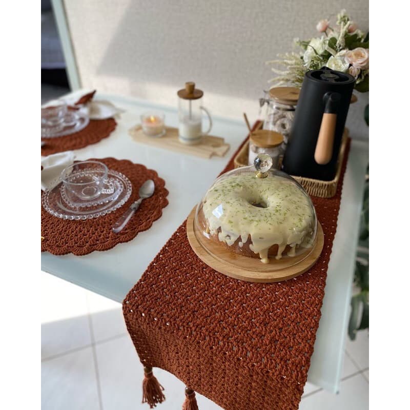 Conjunto de Crochê com 4 Sousplats + Caminho de Mesa Rústico Artesanal | Jogo para Mesa de Jantar jogo para mesa posta