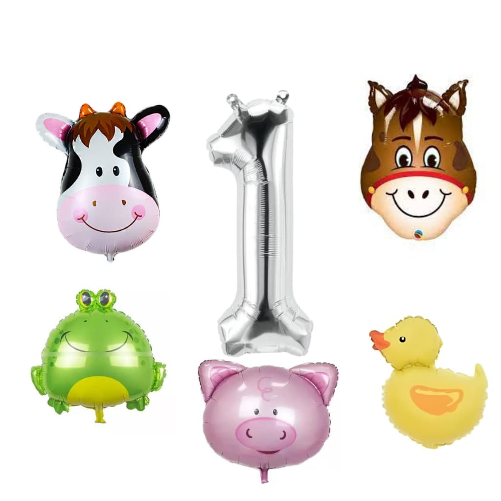 Kit 5 Balões Fazendinha Animais + Número Metalizado Prata 40cm Vários Números Decoração Fazendinha
