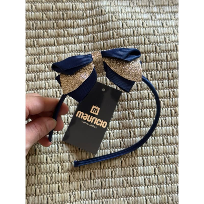 Tiara de cabelo infantil cor azul marinho dourado laço