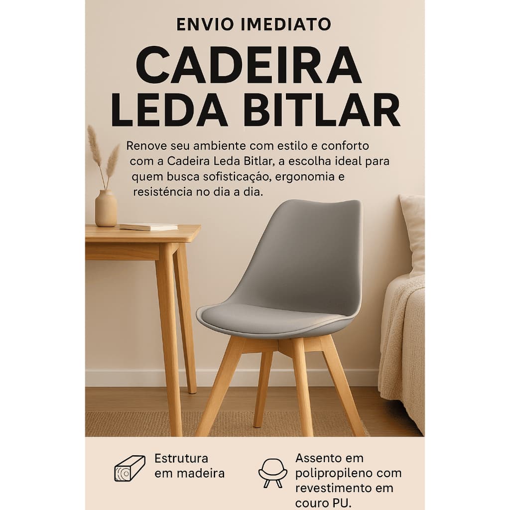Cadeira Leda Bitlar Design Moderno Estofada em Couro PU Base Madeira Até 120kg