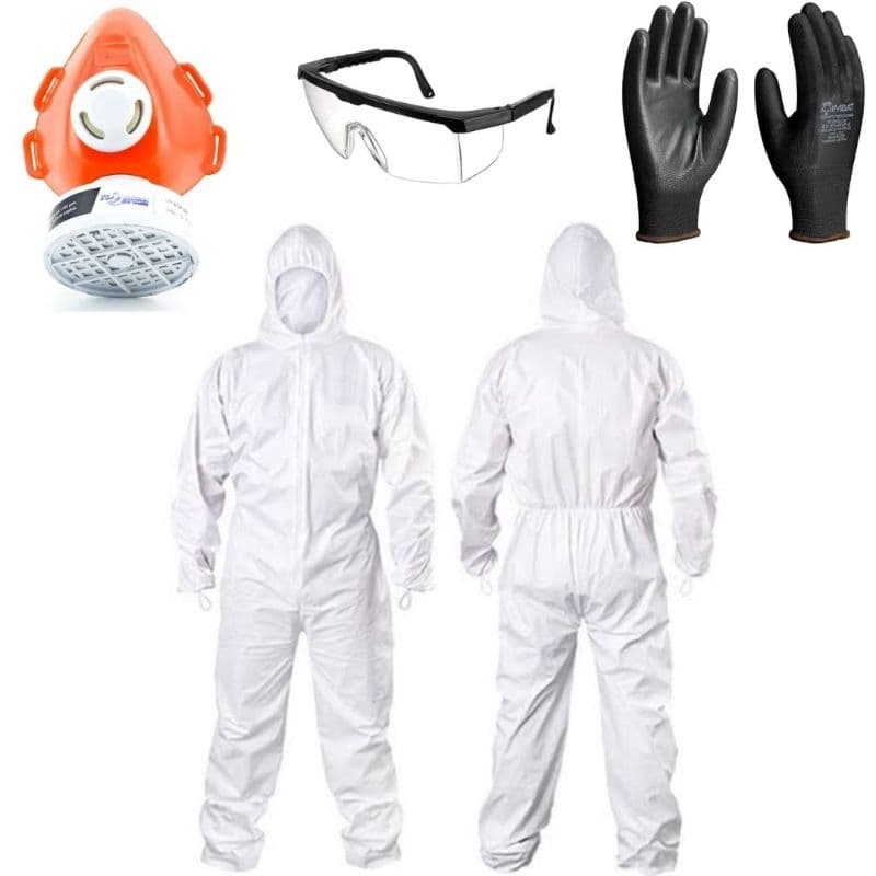 Kit proteção pintor macacão, máscara respiratória, óculos, luva tatil