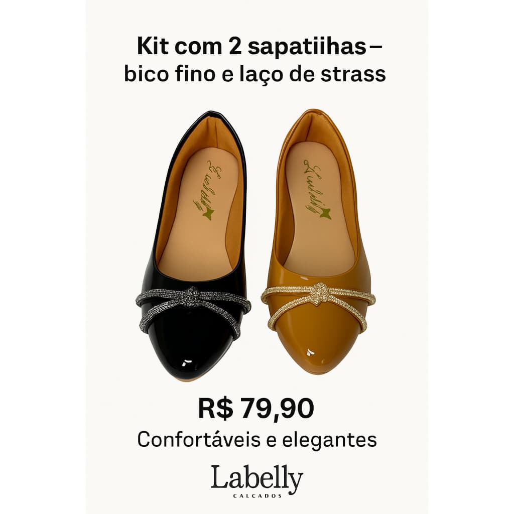 Kit 2 Sapatilhas Femininas Bico Fino com Laço de Strass – Elegante e Confortável