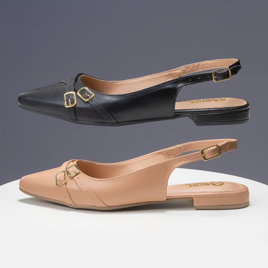 Sandália Slingback Sapatilha Sandália Feminina Salomé Mullet Rasteira Bico Fino Fivela Preto