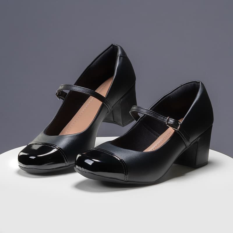 Sapato Scarpin Feminino Mary Jane Bico Quadrado Salto Baixo 5,5cm Confort Leve Macio
