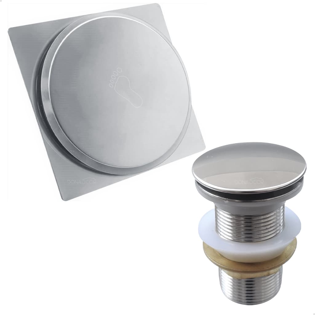 Valvula Click 1 1/4 Inox E Ralo Click 10x10 Kit Banheiro Ralo Pia 40mm E Tampa Ralo Quadrado 10cm