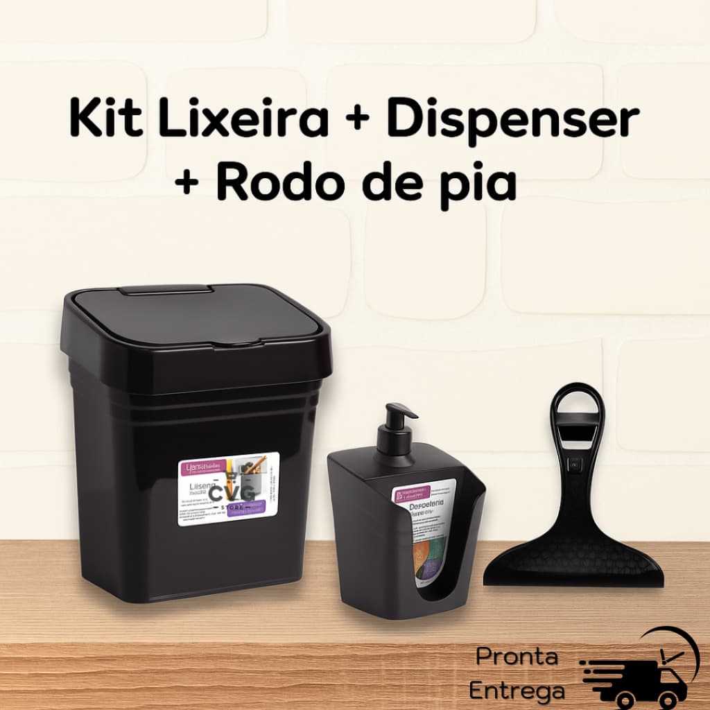 Kit Lixeira de Pia 2,8L, Dispenser para detergente 610 ml e Rodo LP House