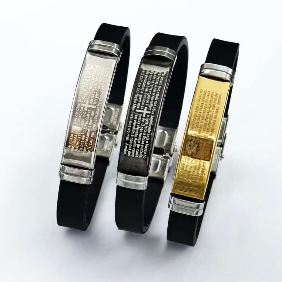 Pulseira Masculina Ajustavel Pai nosso Borracha resistente Prata/ Dourado