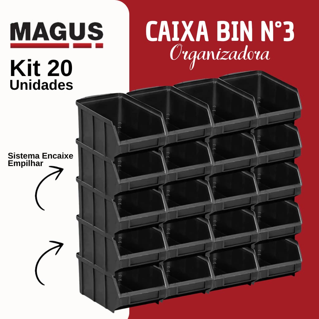 Kit 20 Caixas Bin Organizador Plástico Preto Nº03 Empilhável Para Ferramentas e Peças