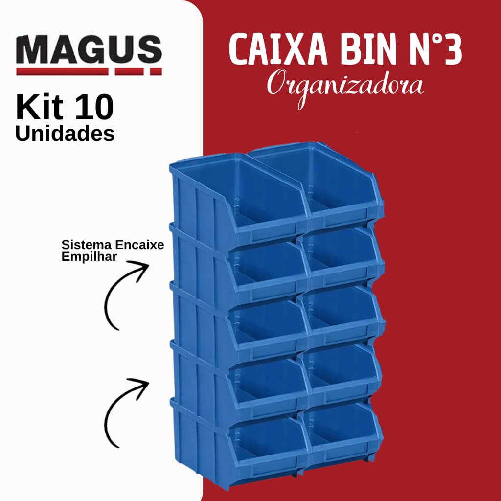 Caixa Bin Organizador Plástico  Nº3 Azul Caixa Com 10 Peças Resistente Empilhavel