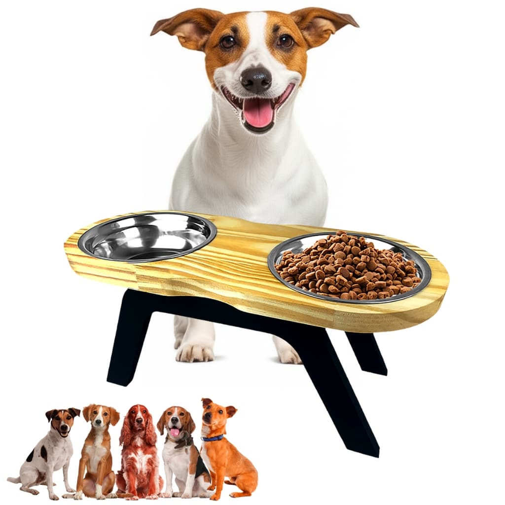 Bebedouro Comedouro Arredondado Alto Elevado Elegante Resistente Caes Cachorro Medio Porte Madeira 2 Tigelas Inox M