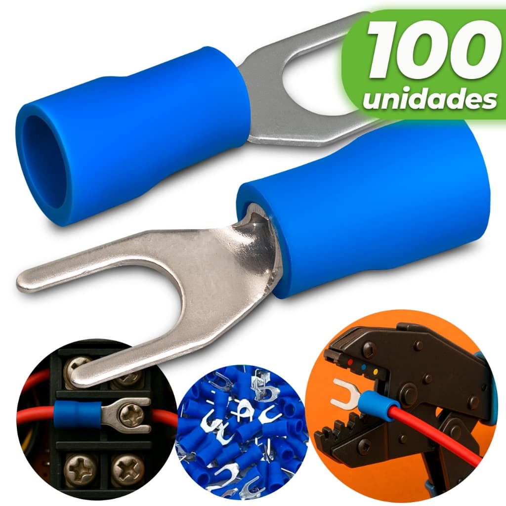Kit 100 Terminal Forquilha Garfo Pre isolado Conector Eletrico para Cabos e Fios 1,5mm A 2,5mm Azul
