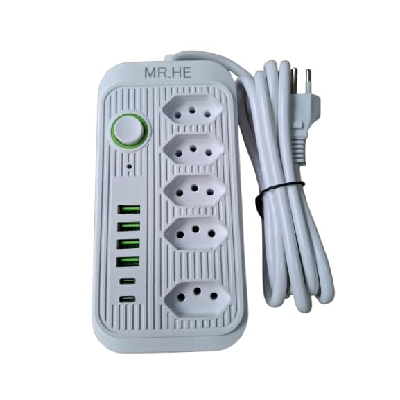 Extensão 5 Tomadas 4 USB E 2 Tipo C Bivolt Cabo 2 Metros Cor Preto e Branco