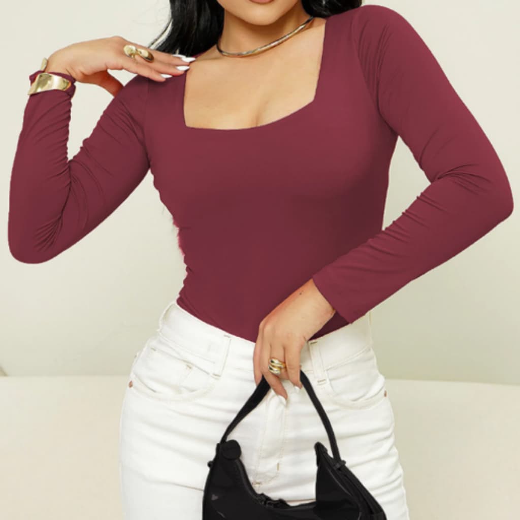 Blusa SUPLEX feminina Manga Longa Decote Gola Quadrada Moda