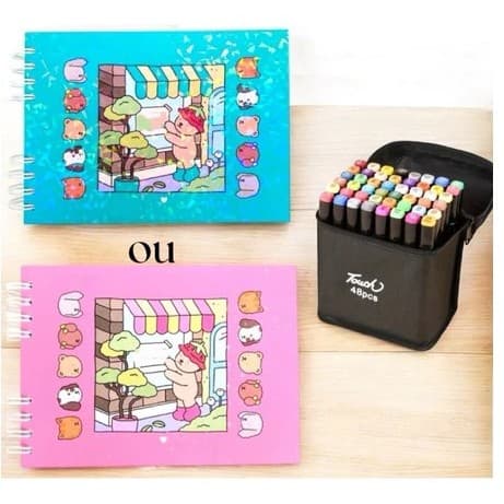 Kit Caneta 24/48/36/60/80/100/120 Peças Com Caderno de Colorir Azul ou Rosa Com Capa DURA