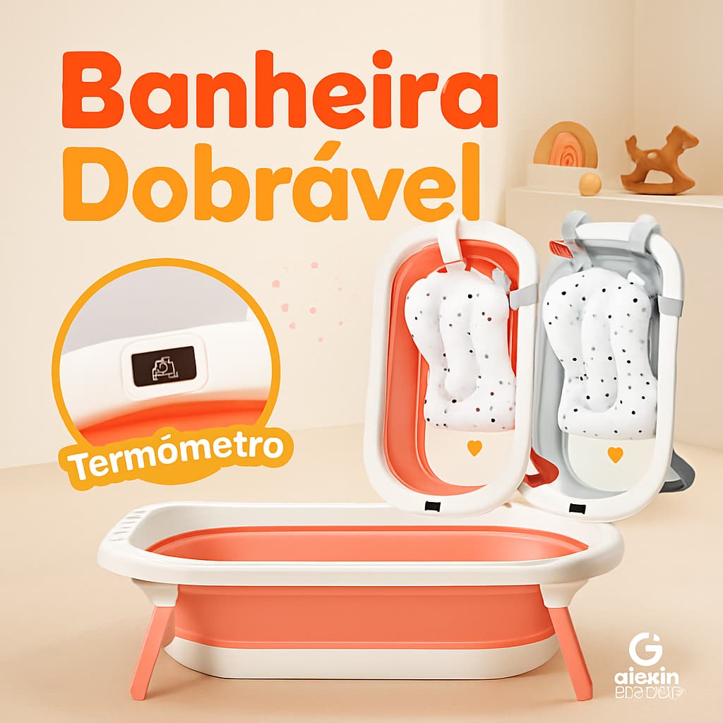 Banheira Dobrável para Bebê | Termômetro de Temperatura Integrado | Almofadada e Segura | Banho Infantil Confortável