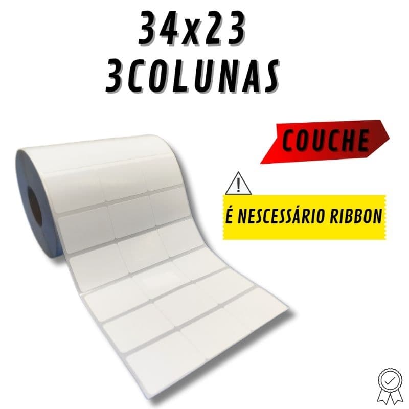 Etiqueta Adesiva Couchê 34x23mm 3 Colunas – Rolo p/ Impressora Térmica Transfer – Alta Qualidade