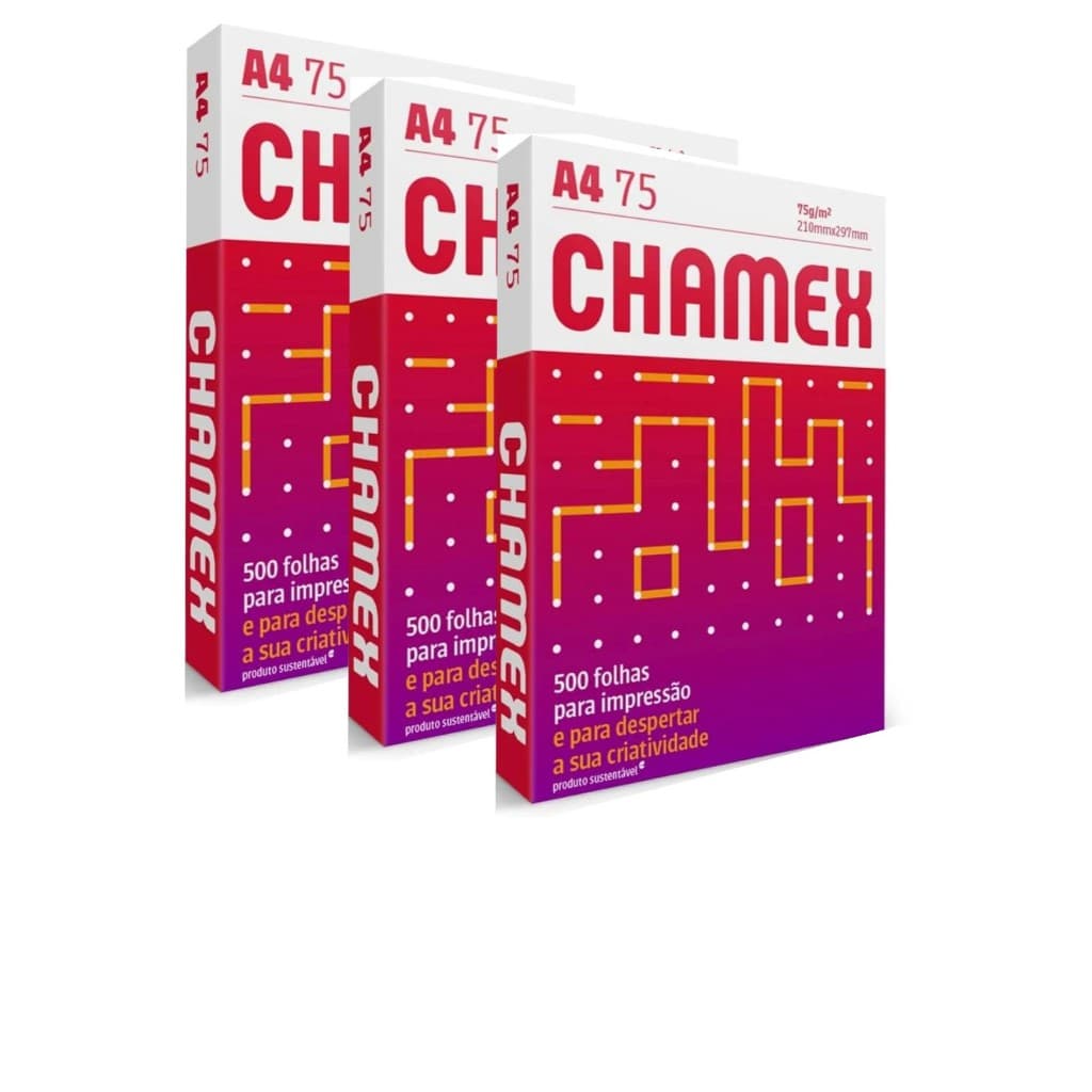 3 Resmas Papel Sulfite Chamex A4, 75g, Branco, 210x297 - Total de 1.500 folhas