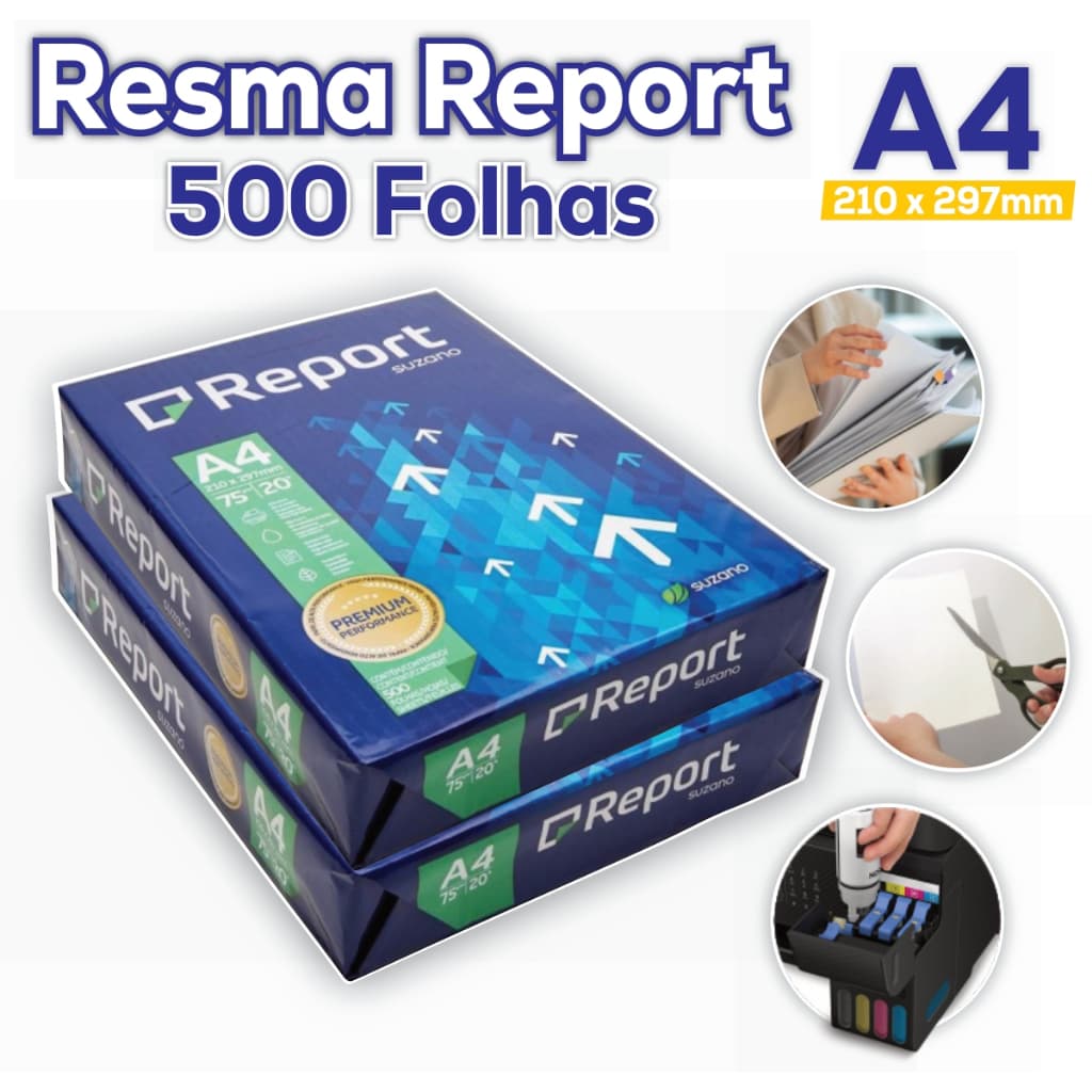 Resma Report 75g A4 pacote com 500 Folhas - Papel Sulfite Folha Branca Liso / Jato de tinta e Laser