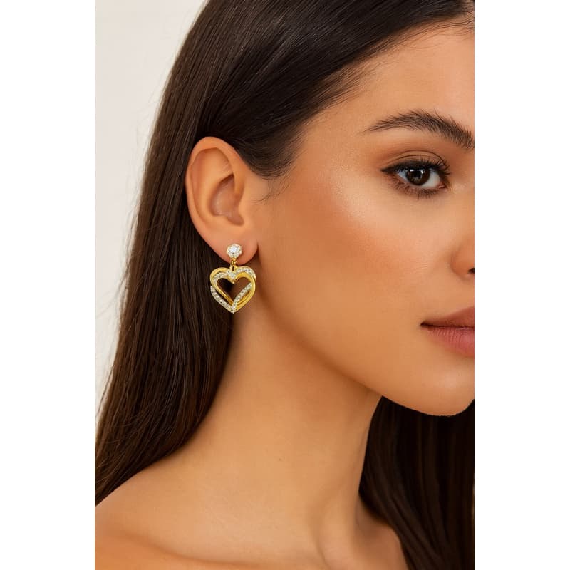 Brinco Coração Dourado com Strass | Bijuteria Fina Feminina Elegante