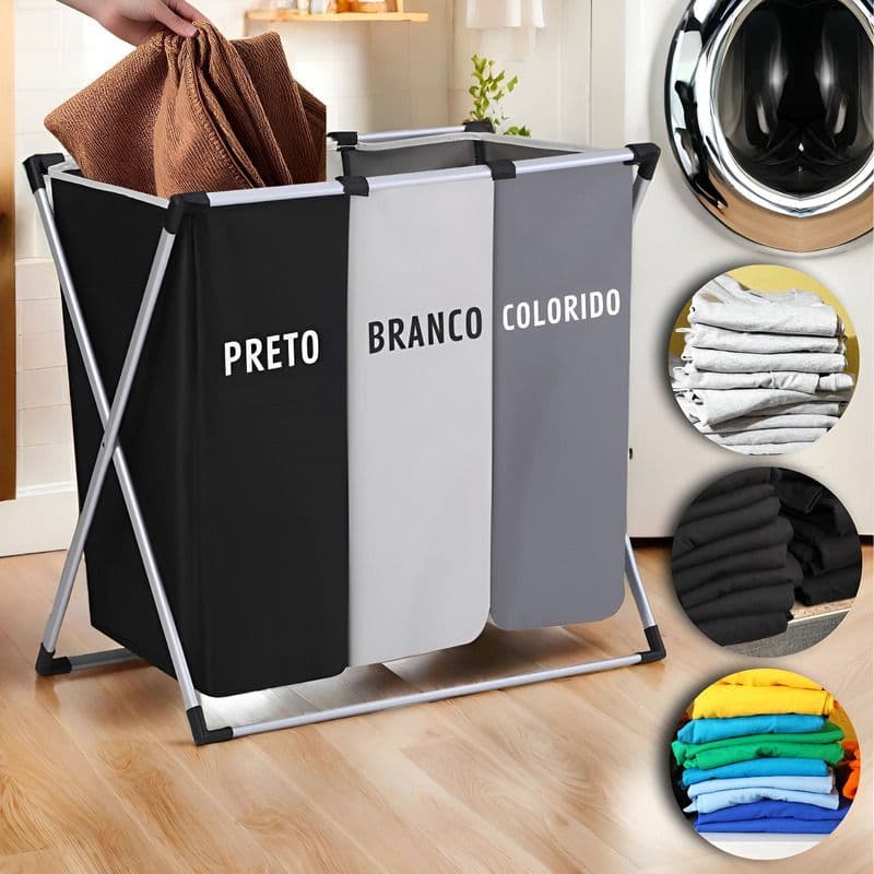 Cesto de Roupas Multiuso 3 Divisórias Lavanderia Organizador Dobrável Separação Suja Limpa Brinquedo