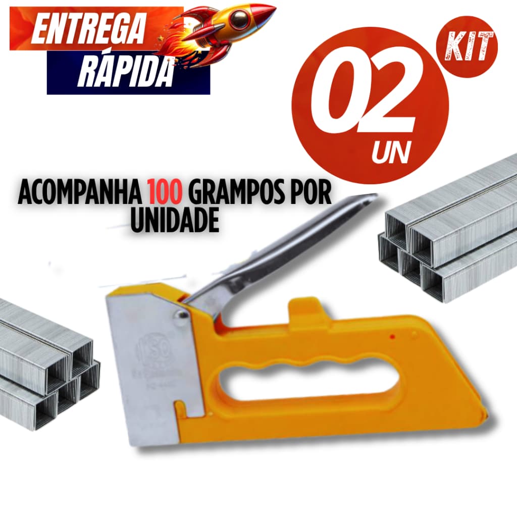 Kit 02/01 - Grampeador para Tapeceiro Pressão Profissional Manual RESISTÊNCIA Máxima durabilidade Acompanha 100 Grampos