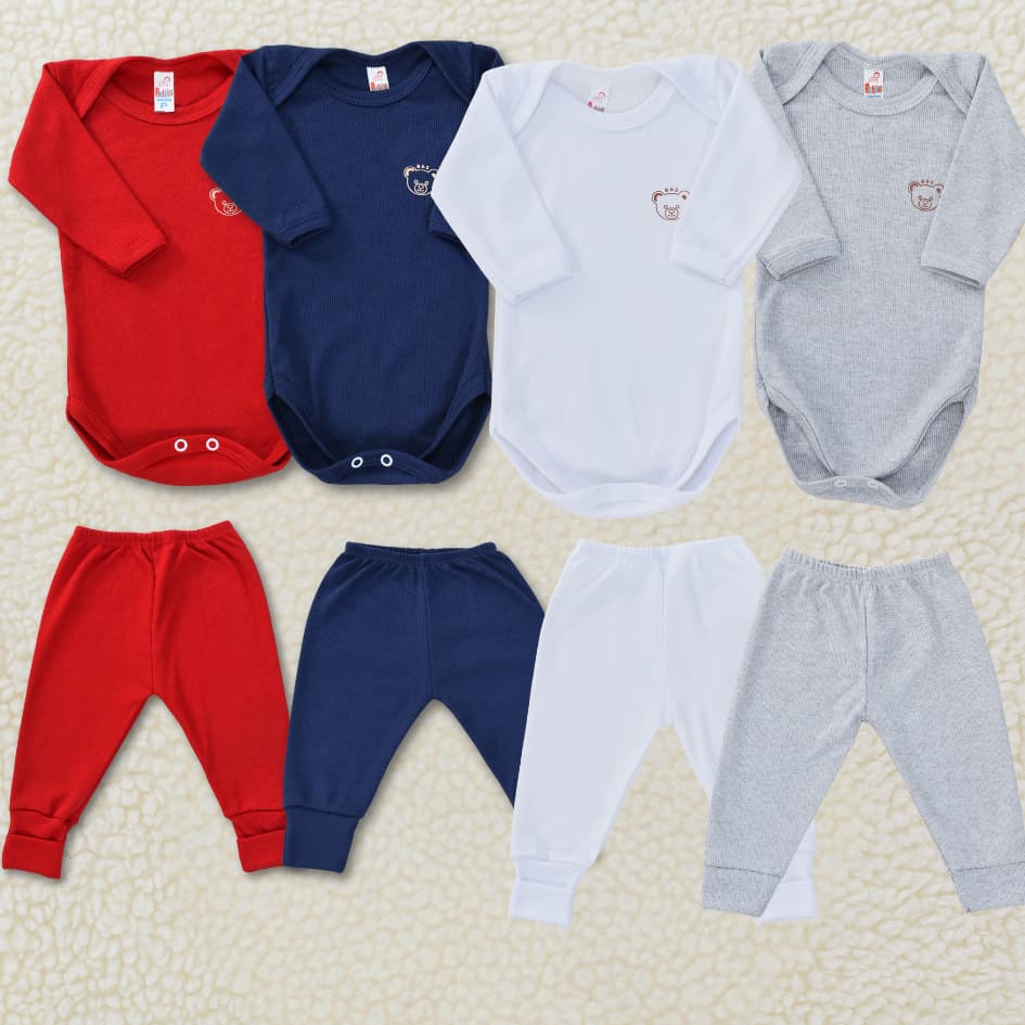 Conjunto Body Bebê Manga Longa Calça Kit 4 Peças Unissex Confortável Recém Nascido