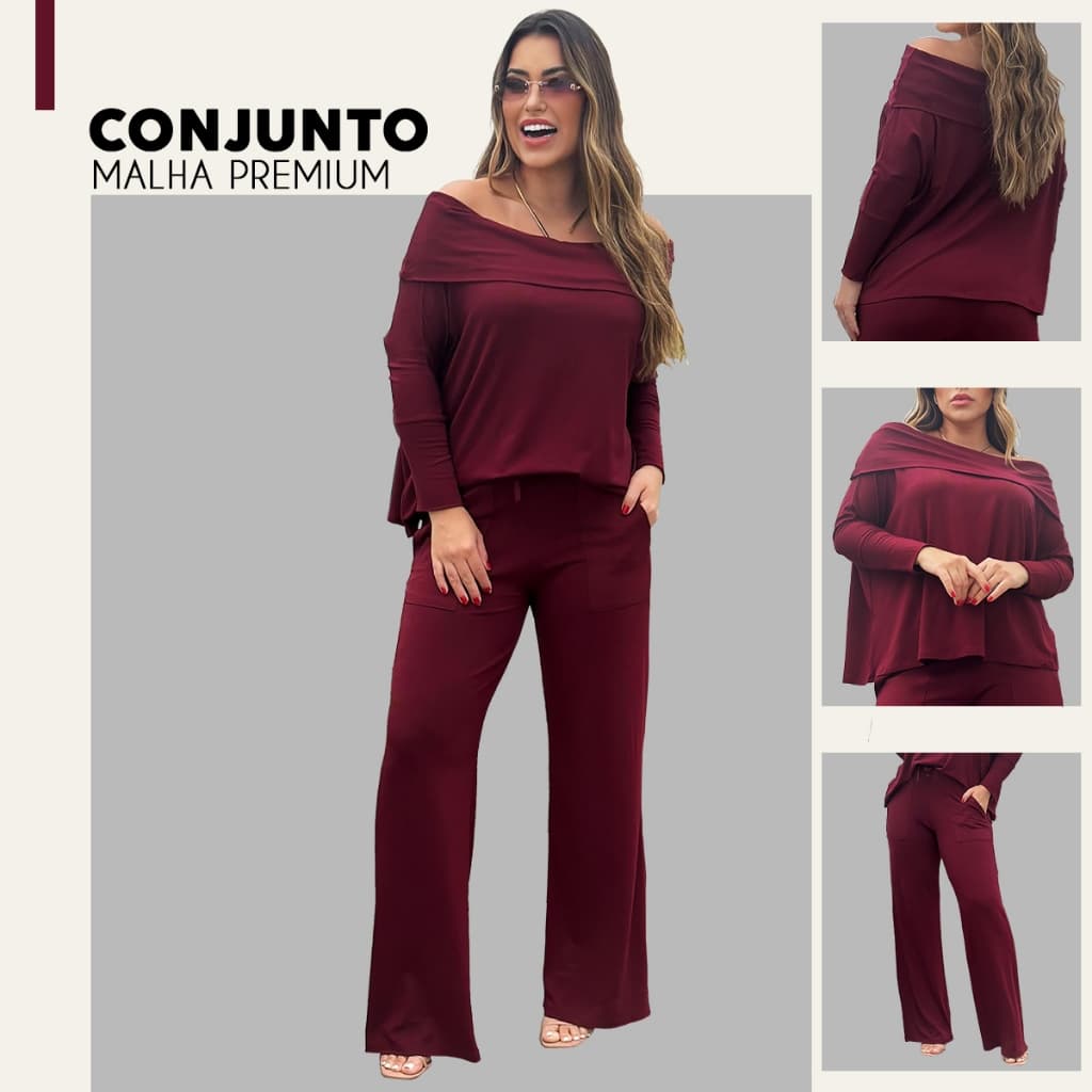 Conjunto Feminino Blusa Ombro a Ombro Manga Longa e Calça Munique Flare em Viscolycra Premium