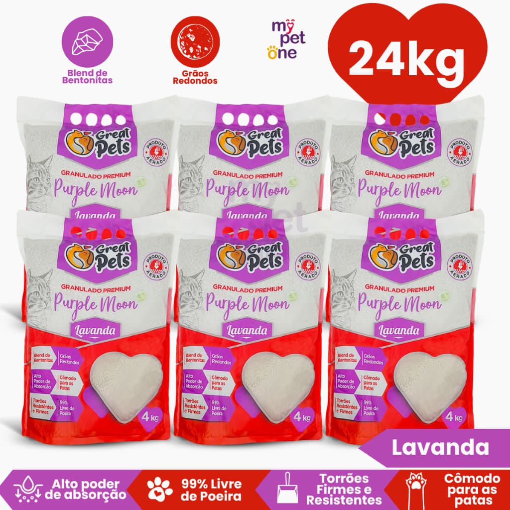 Kit 6 Areia Bentonita Esférica Premium Lavanda Great Pets para Gatos - 24Kg