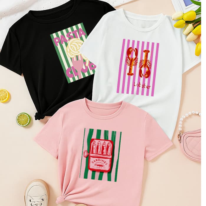 Kit 3 Blusa Básica Tendência Sardinha Lagosta Pasta Camiseta Feminina Envio Imediato