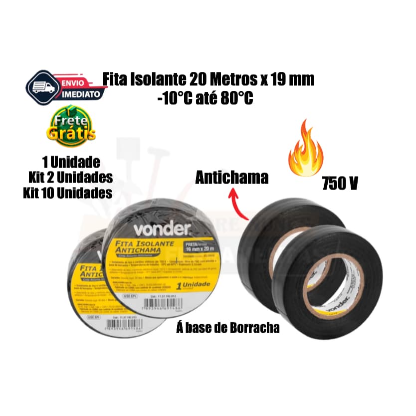 Fita isolante Antichama 20 Metros x 19 mm -10°C até 80°C 750V Preta Vonder