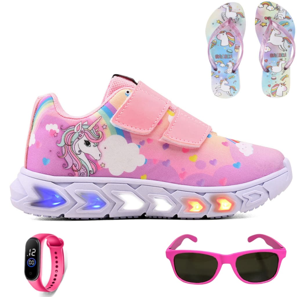 Tênis Infantil Feminino de Led Unicornio Tira Colante com Chinelo Óculos e Relógio