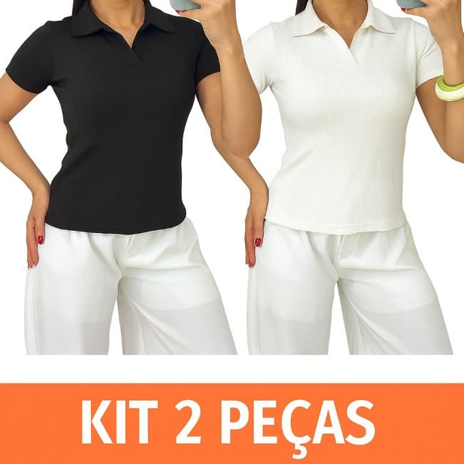 Kit 2 Blusas Polo Feminina Premium Piquet | Preto + Branco | Super Conforto Elegante Casual