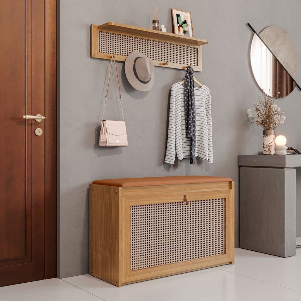 Kit Sapateira e Cabideiro Plenitude Plus Com Prateleira e Porta Basculante Com Detalhe em Rattan
