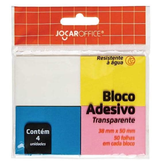 POST-IT RECADO ADESIVO JOCAR 38X50MM 50 FOLHAS TRANSPARENTE COM 4 SORTIDA