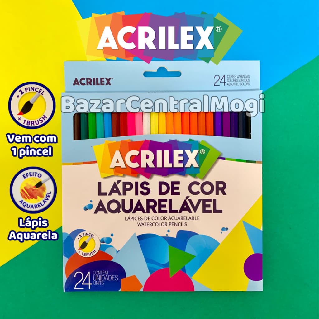 Lápis de Cor Aquarelável 24 Cores com Pincel Acrilex Efeito Aquarela
