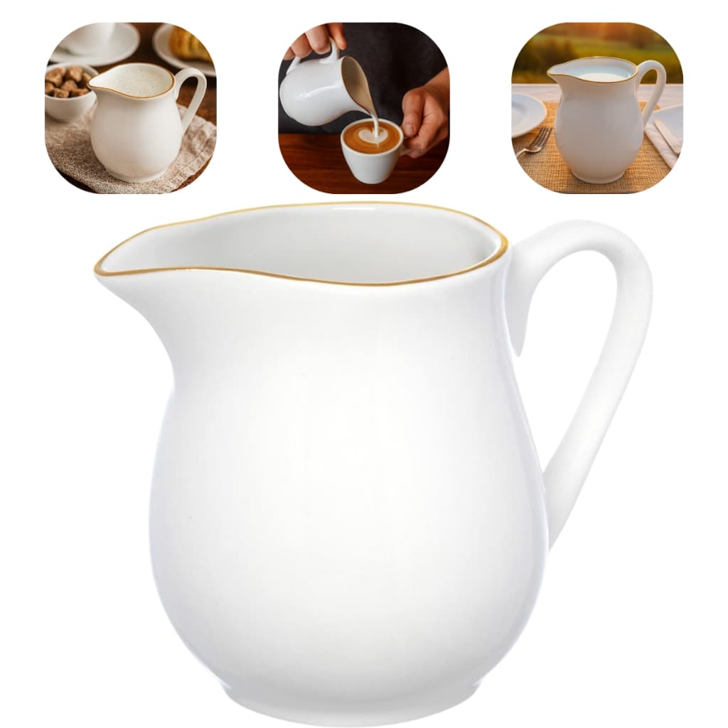 Jarra Leiteira de Porcelana Branca com Borda em Fio Dourado Elegância para Café ou Chá 300ml