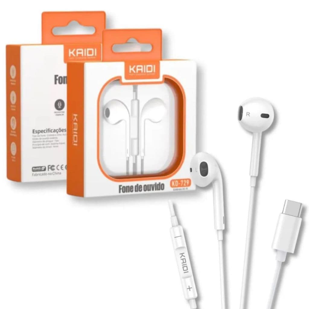 Fone de Ouvido Tipo-C com Microfone Kaidi KD-729 Branco.