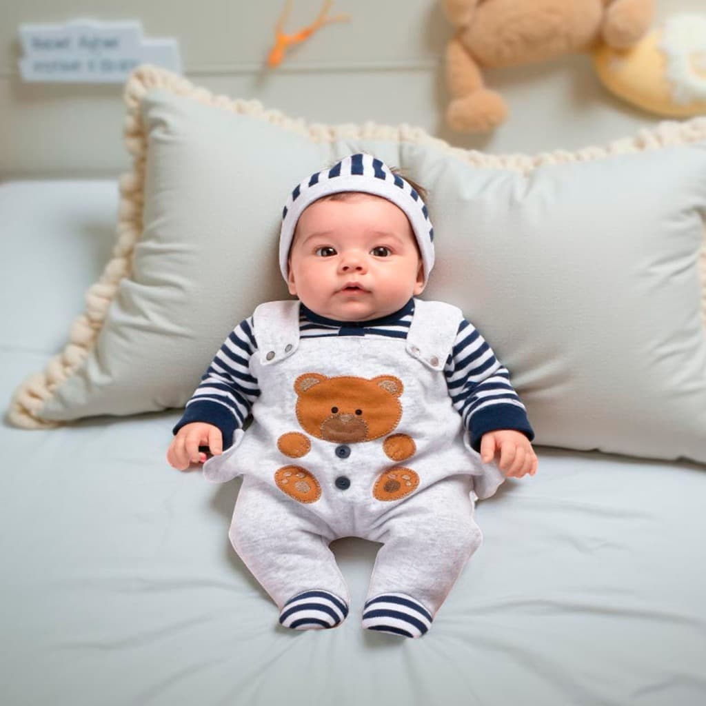 Conjunto Roupa de Bebê Menino Jardineira Body Manga Longa Ravi Kit 3 Peças