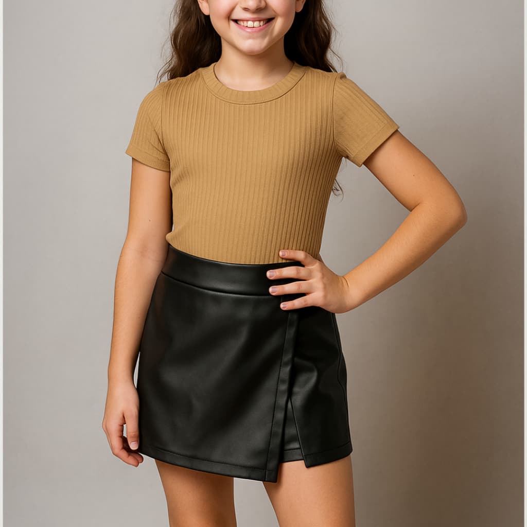 Short Saia Infantil Juvenil em Couro Sintético com Fenda