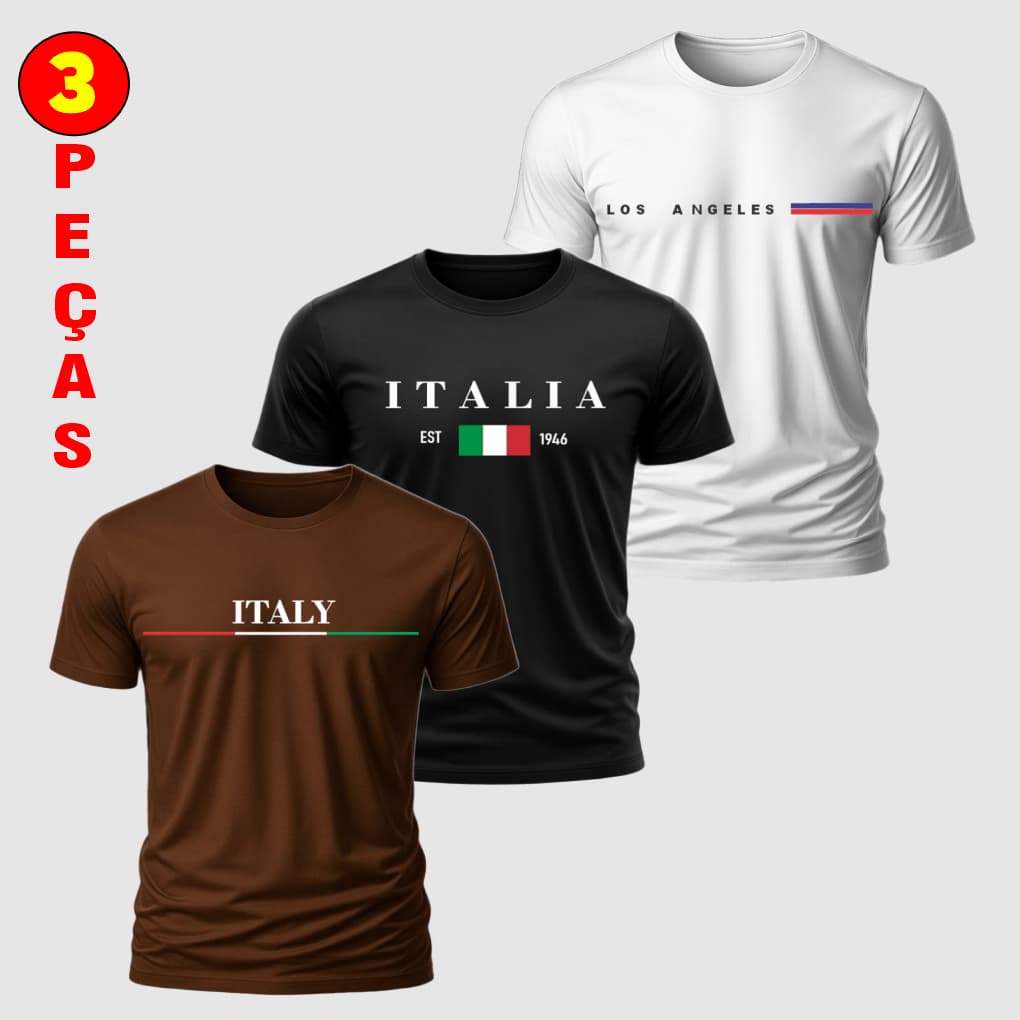 Kit 3 Camisetas Masculina 100% Algodão Gola Redonda Estampada Fio 30.1 Premium