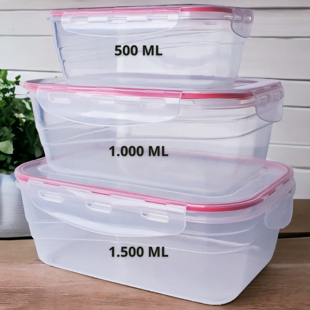 Kit c/ 3 Potes Marmitas Herméticos Plástico Alta Vedação Silicone 500ML 1.0L 1.5L
