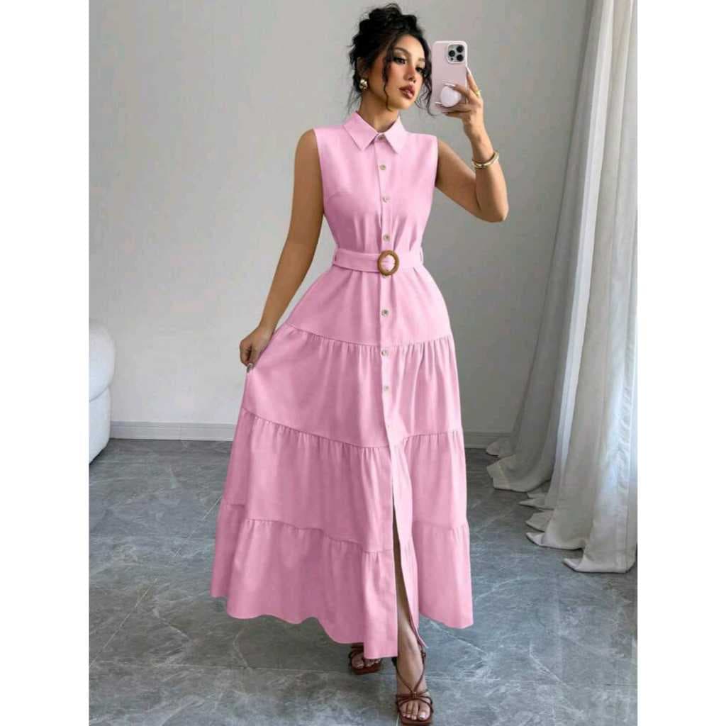 VESTIDO TRES MARIAS  BOTÕES  LONGO DUNA COM CINTO