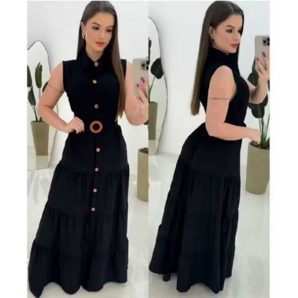 VESTIDO TRES MARIAS  BOTÕES  LONGO DUNA COM CINTO