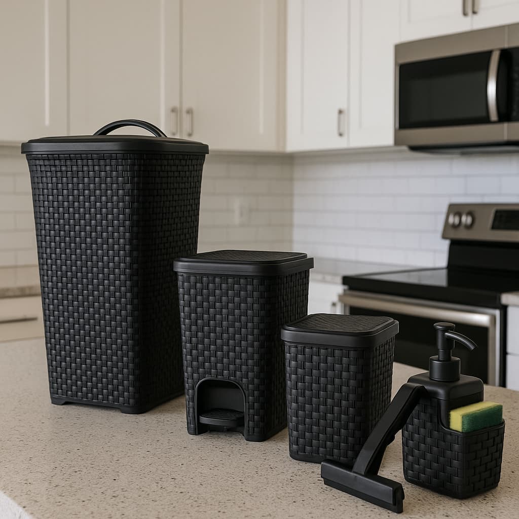 Kit Rattan Completo p/ Limpeza e Organização -  Cesto 50L, Lixeira Pedal 7L, Lixeira Pia 5L